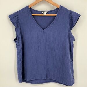 Three Dots Top Womens Large Blue Gauzy Flutter Sleeve V Neck‎ Popover Shirt